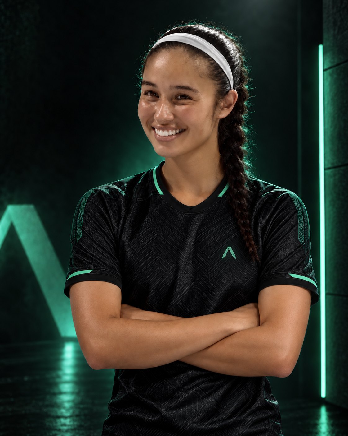 AI-generated concept portrait of Kaya Hawkinson in a fictional black-and-mint AthleMix kit, based on the credited source photograph