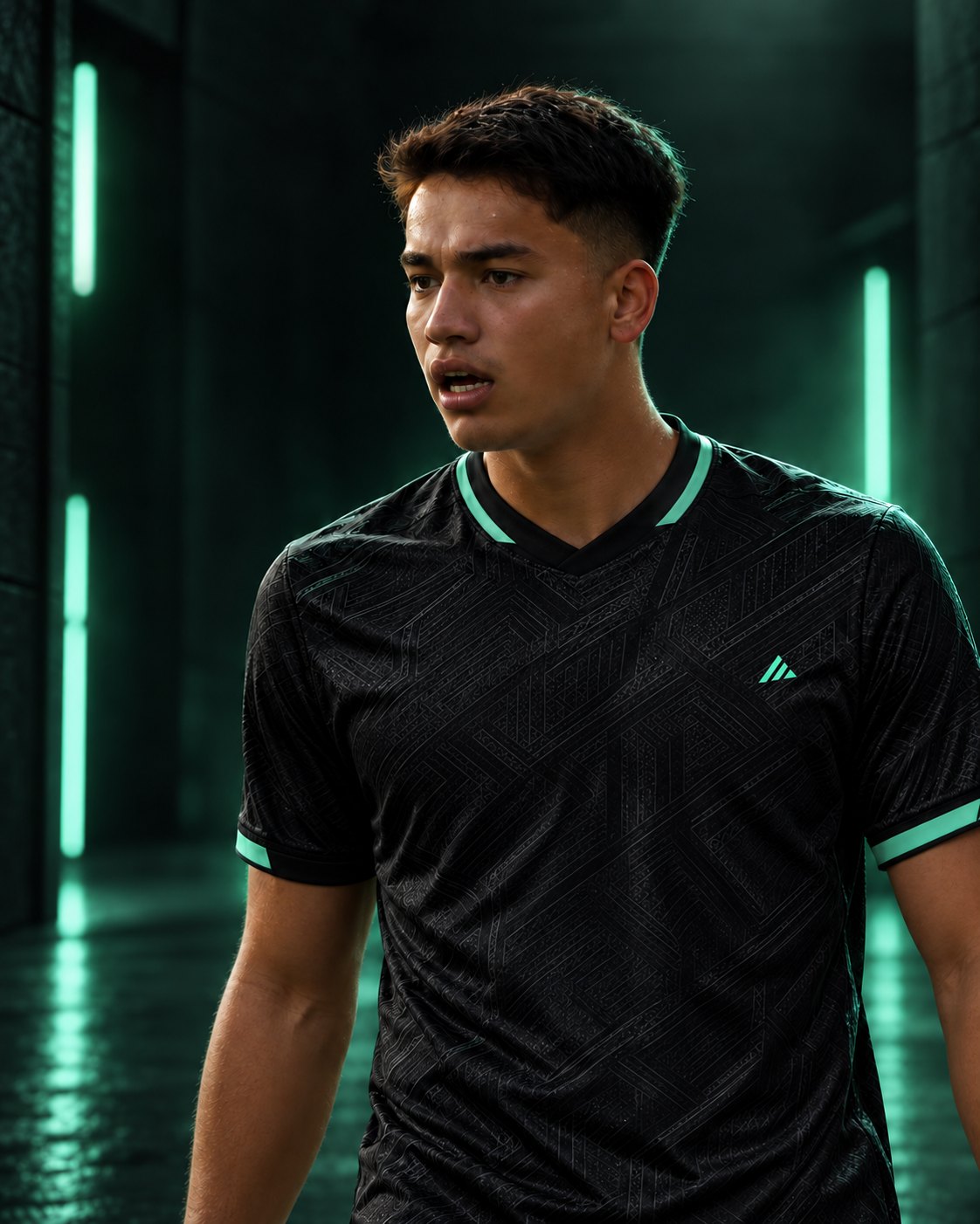 AI-generated concept portrait of Oliver Gerbig in a fictional black-and-mint AthleMix kit, based on the credited source photograph