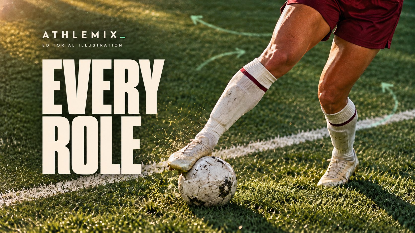 AI editorial illustration of an anonymous woman footballer's cropped legs controlling a ball beside a touchline, with the headline Every Role; no athlete likeness is depicted.