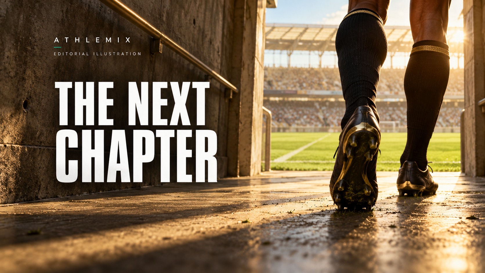AI editorial illustration of anonymous football boots walking through a warm concrete stadium tunnel toward a sunlit pitch, with the headline The Next Chapter; no athlete likeness is depicted.