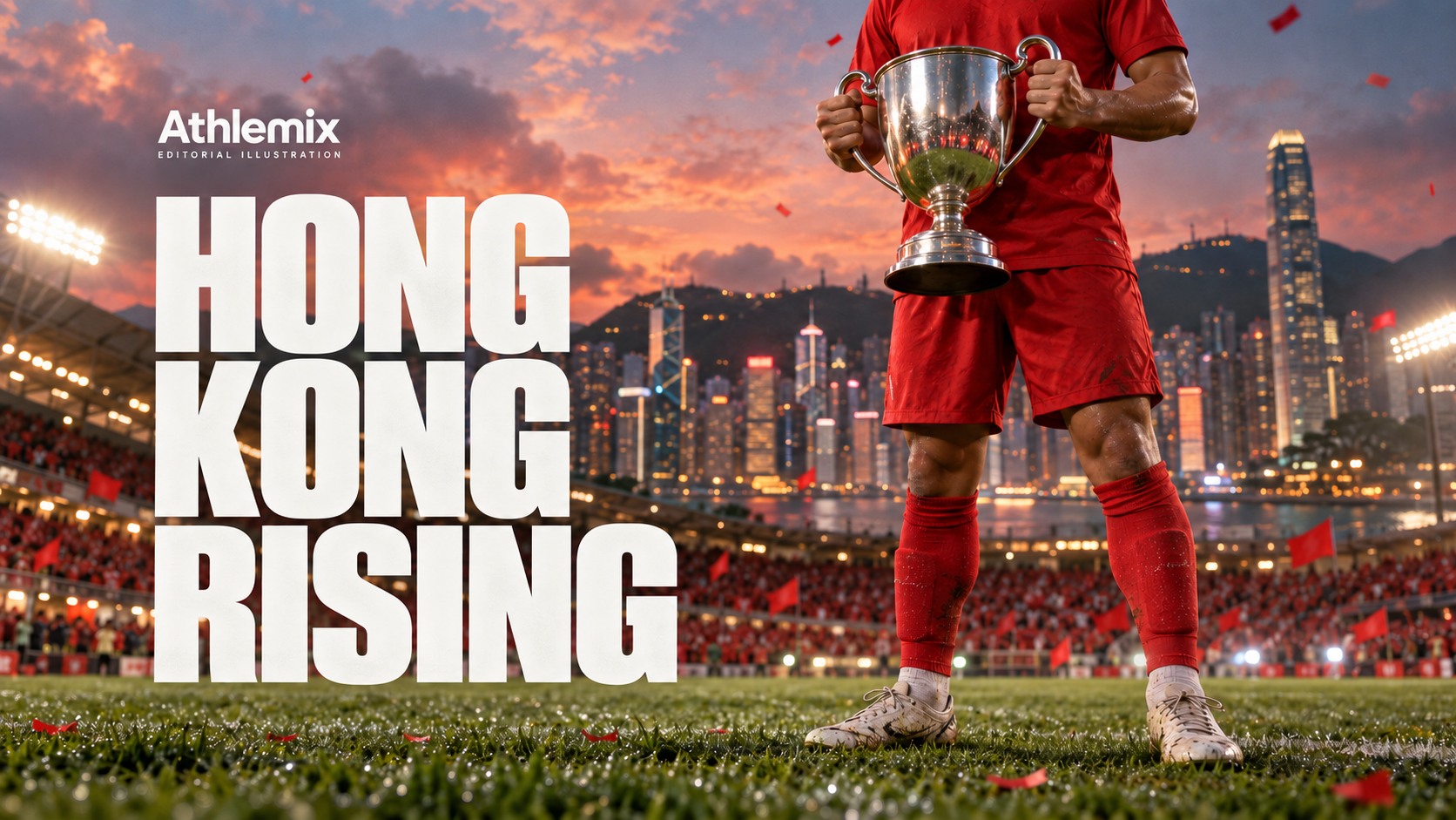 Original editorial illustration of an anonymous red-kit footballer holding a plain symbolic silver cup on a Hong Kong-inspired pitch, with the headline Hong Kong Rising. This is not the actual competition trophy or a portrait of Oliver Gerbig.