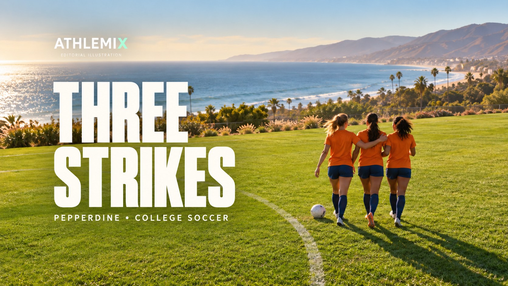 Original editorial illustration of three anonymous women's footballers seen from behind in navy and orange training kits, celebrating together on a sunlit coastal pitch, with the title Three Strikes.
