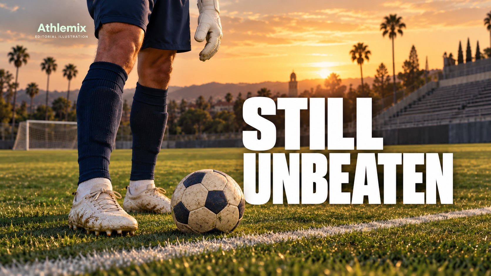 Original editorial illustration of an anonymous navy-clad goalkeeper's lower body and gloves beside a worn football on a sunlit college pitch, with the headline Still Unbeaten; no likeness of Lucca Adams is depicted.