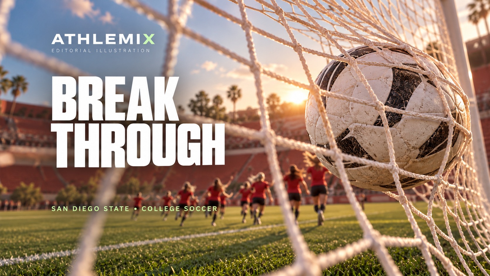 Original editorial illustration of a white football stretching a goal net at close range, with anonymous women's football celebration blurred beyond the net in red and black, under the title Breakthrough.