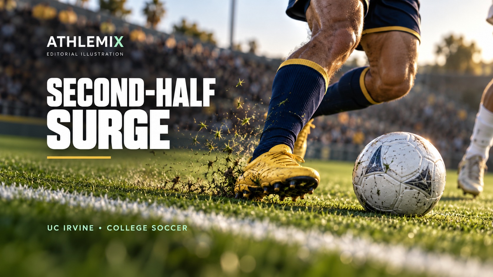 Original editorial illustration of anonymous men's footballers' lower legs in navy and gold accelerating with a ball across sunlit green turf, with the title Second-Half Surge.