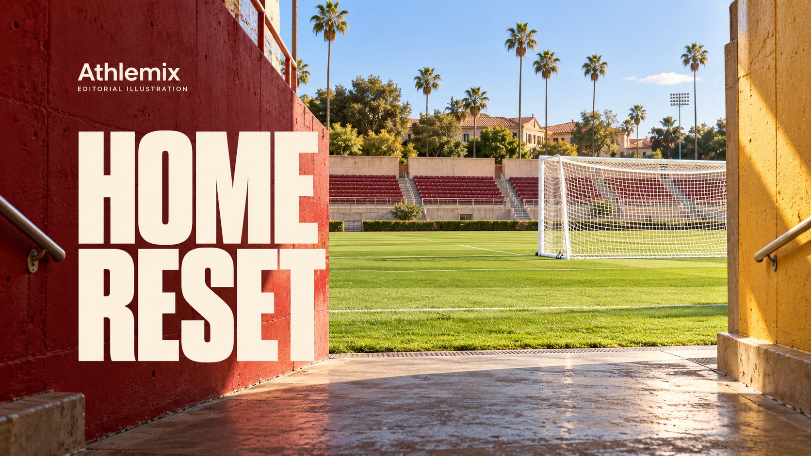 Original editorial illustration looking through a warm cardinal-and-gold college soccer tunnel toward a bright green field and goal, with the headline Home Reset; the setting is imagined, not a representation of USC's actual stadium.